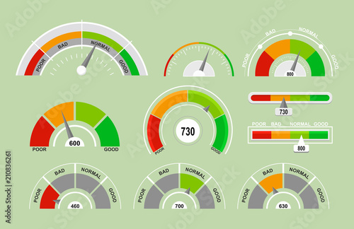 Vector illustration set of speedometers measuring icons. Indicators collection with different pointers in flat cartoon style. photo