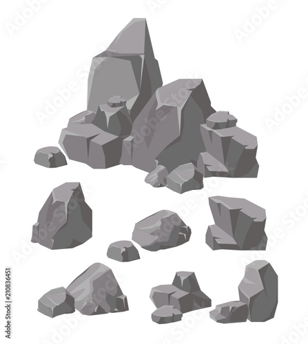 Vector illustration set of rocks and stones grey colors. Cartoon stone and elements for game in flat style.