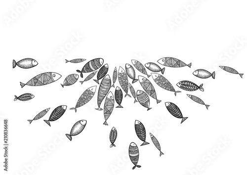 School of fish. Stylized group of stylized fishes swimming in the pack. Decorative aquarium fish with patterns.