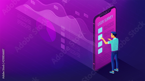 Isometric big data analysis, feedback and research concept. A man in front of mobile screen with visual data analysis statistics pie charts and graphics in violet color. Vector ultraviolet background.