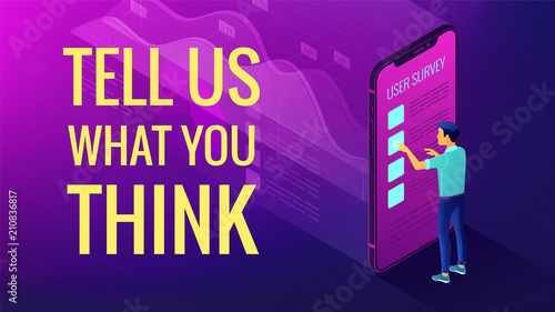 Isometric big data analysis and feedback concept. A man in front of mobile screen with 3d visual data analysis elements and title tell us what you think in violet color. Vector ultraviolet background.
