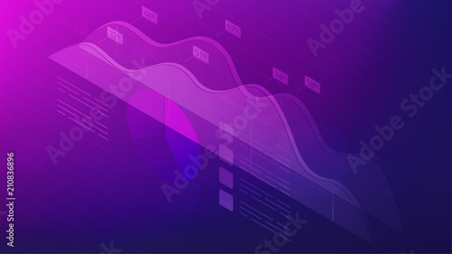 Isometric big data analysis, feedback and research concept. Visual data analysis statistics elements, pie charts and graphics in virtual interface in violet color. Vector ultraviolet background.