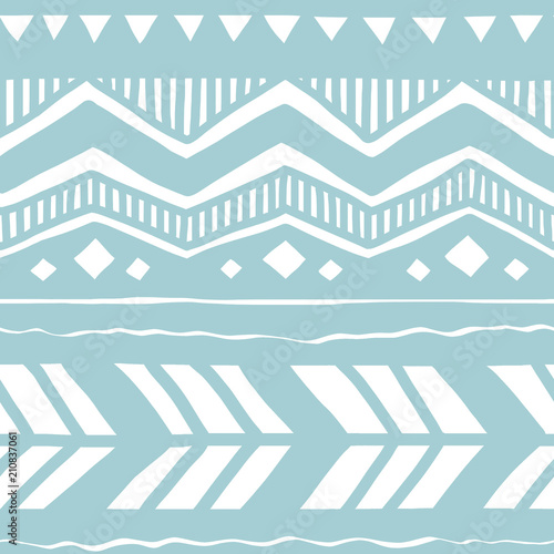 Seamless white and blue geometric background. Ethnic hand drawn pattern for wallpaper, cloth, cover, textile