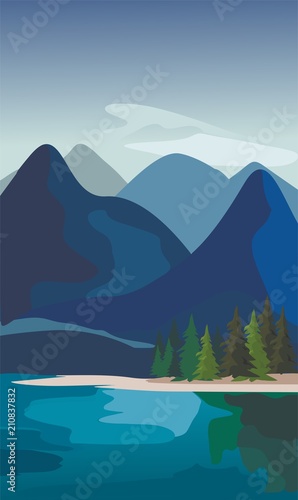 Layers of mountain landscape with fir trees and river