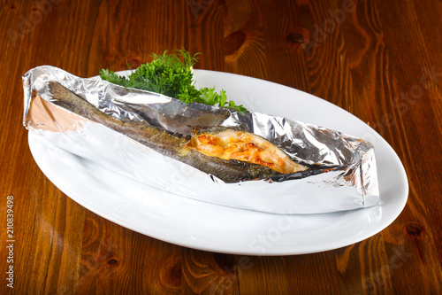 Baked trout with shrimps