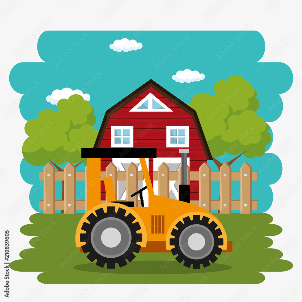tractor in the farm scene vector illustration design