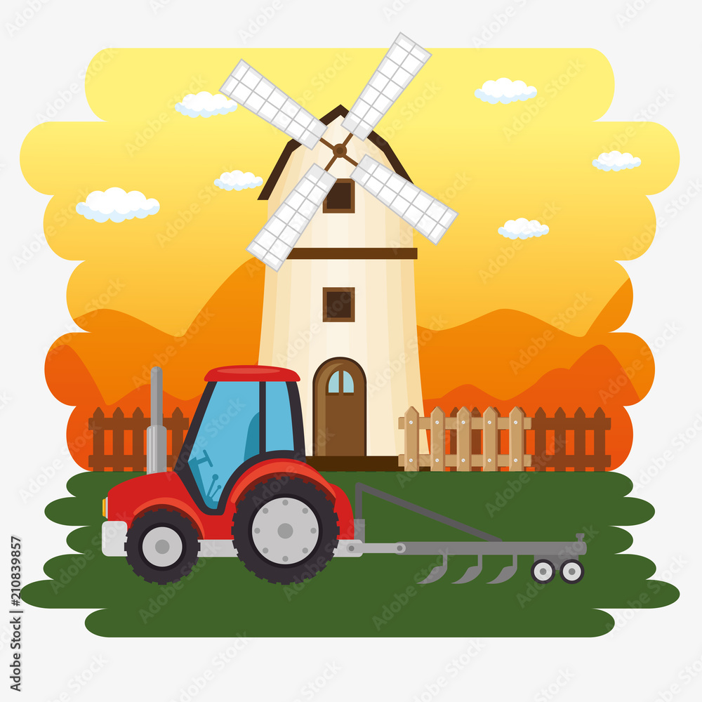 Fototapeta premium tractor in the farm scene vector illustration design