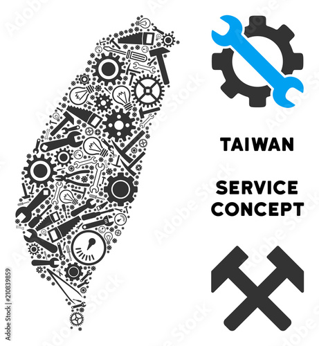 Service Taiwan Island map mosaic of instruments. Abstract territorial scheme in gray color. Vector Taiwan Island map is designed of cogs, hammers and other machinery objects. photo