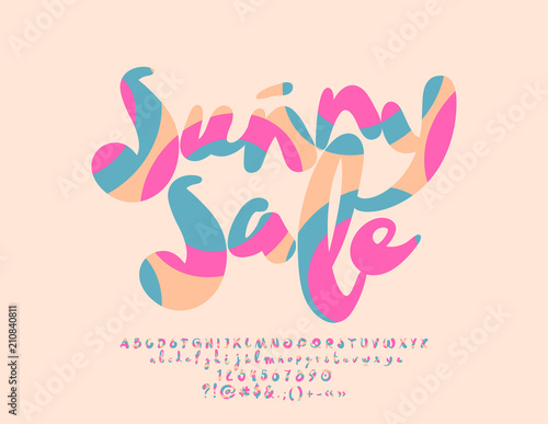 Vector colorful Summer Sign Sunny Sale. Handwritten Font with Graphic Style. Beautiful Alphabet Letters, Numbers and Symbols