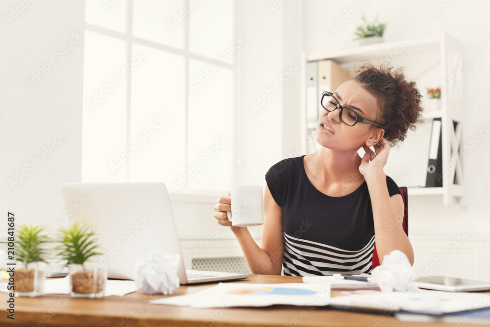 Tired, overworking businesswoman modern office Tired, overworking businesswoman modern office