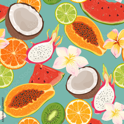 seamless pattern with exotic flowers and  fruits