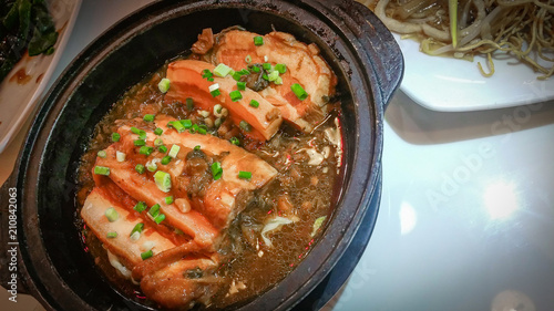 Braised pork belly with shiitake in clay pot or dongpo pork  ,Chinese cuisine Menu taste is similar Shashu Pork's Japanese food . photo