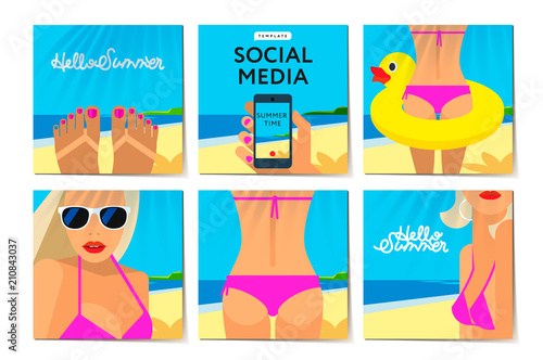 Social media templates Summer Time, holiday and vacation on the beach. Modern promotion web banner for social media mobile apps, vector illustration in flat style.
