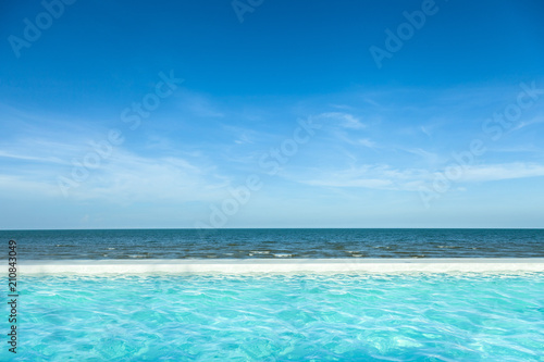 View of nice Tropical beach blue ripple curl water in swimming pool with sky and Horizon at spa resort in Hua Hin Thailand. Holiday and vacation relaxing concept.Blue sea ocean water