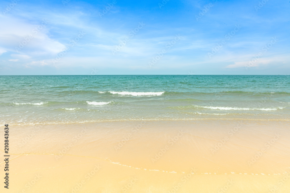 Empty beach blue sea. View of nice tropical beach Horizon with sky and Cream color sand with palms around at Hua Hin Thailand. Holiday and vacation concept.