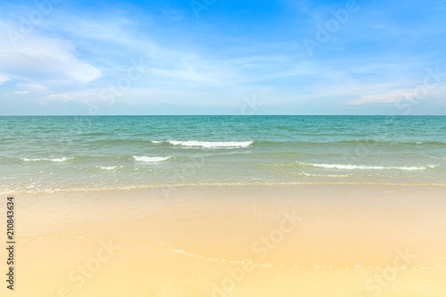 Empty beach blue sea. View of nice tropical beach Horizon with sky and Cream color sand with palms around at Hua Hin Thailand. Holiday and vacation concept.