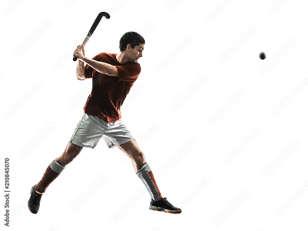 Fototapeta premium one caucasian field hockey player man isolated silhouette on white background