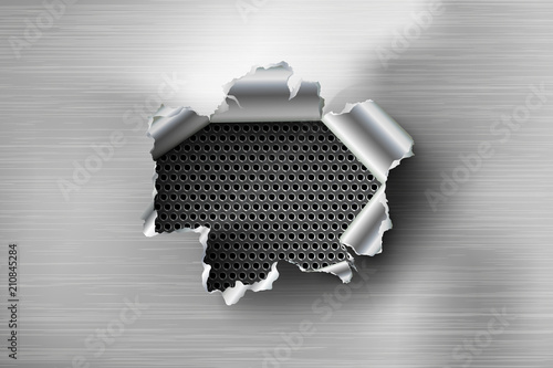 ragged Hole torn in ripped steel on metal
