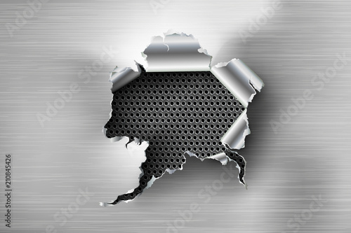 ragged Hole torn in ripped steel on metal