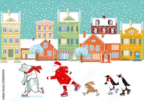 Weihnachtsmann mit eisbär, pinguin und hase, beim schlittschuhlaufen, Illustration
