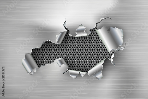 ragged Hole torn in ripped steel on metal
