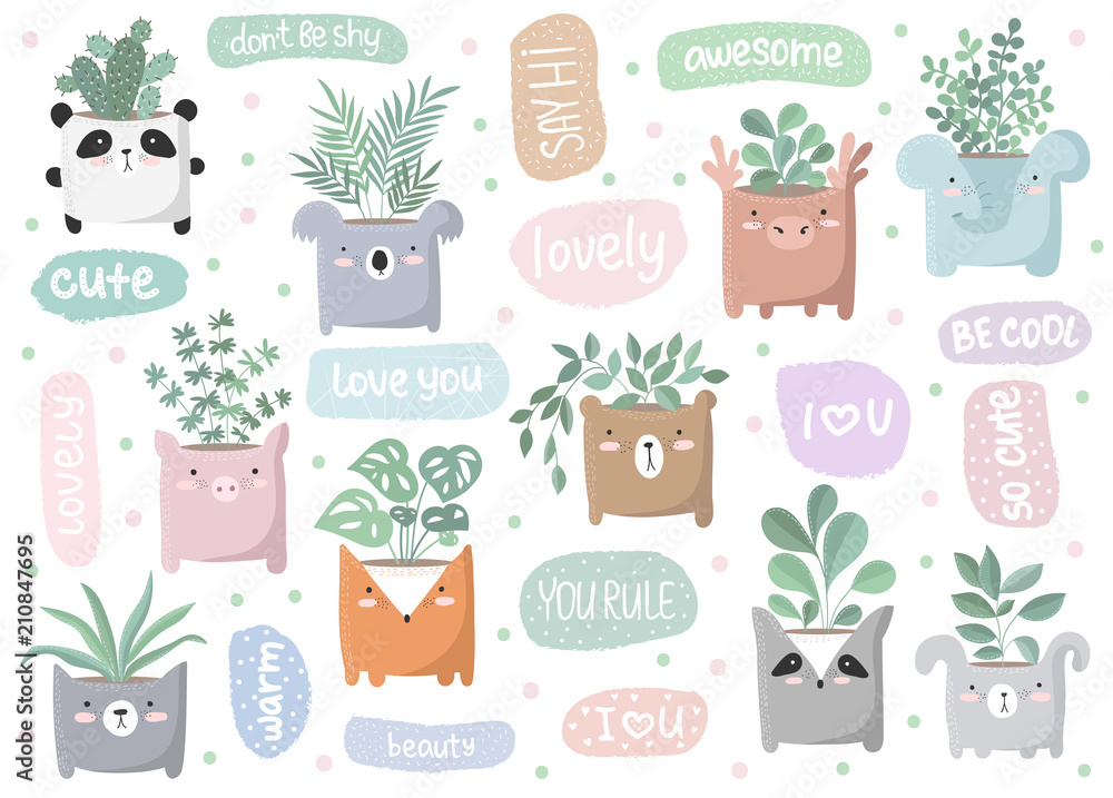 Vector set of cute stickers with house plant in funny animal pot Stock  Vector | Adobe Stock