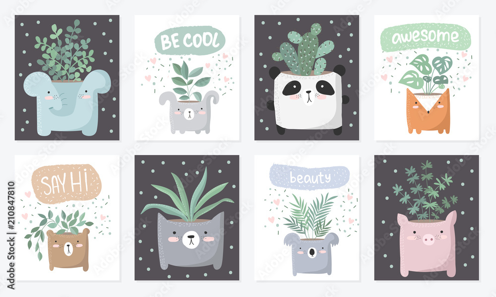 Vector set of cute postcards with house plant in funny animal pot.