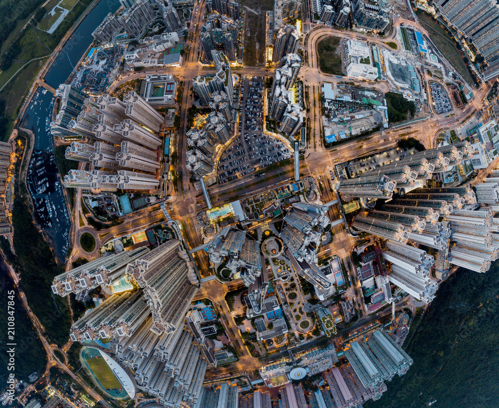 Panorama image of Tseung Kwan O City in Hong Kong from aerial view 