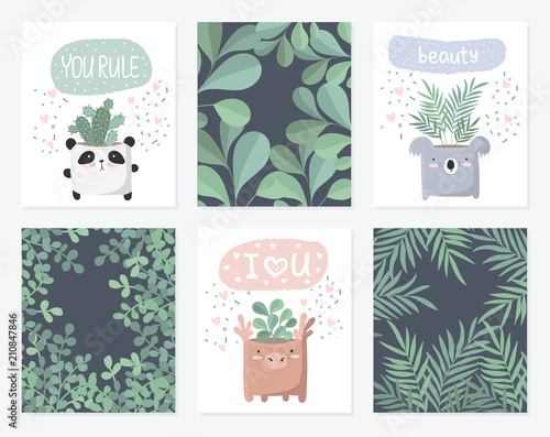 Photography Vector set of cute postcards with house plant in funny animal pot