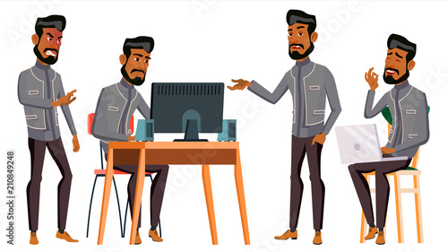 Arab Man Office Worker Vector. Business Set. Islamic. Facial Emotions, Gestures. Animated Elements. Arabic Corporate Businessman Male. Successful Officer, Clerk, Servant. Illustration