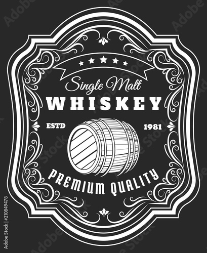 Whiskey barrel label. Old style rustic beverage sticker with frame pattern, antique blackboard whisky oak keg tag vector illustration