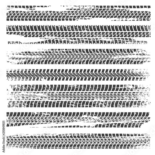Tire tracks. Automobile or motorcycle dirty tire tracks signs vector illustration, road grunge rubber car wheel texture isolated