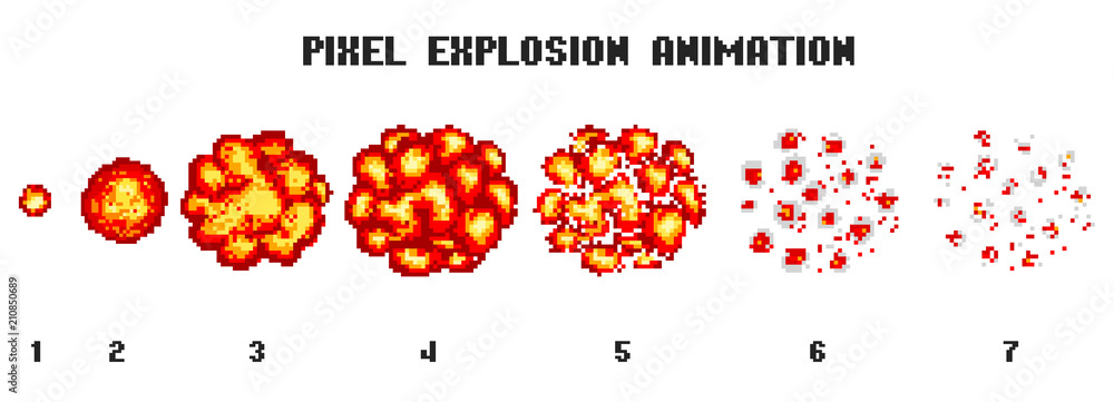 Pixel art explosions. game icons set. Comic boom flame effects for emotion. 8-Bit Vector. Bang burst explode flash nuclear bubble dynamite with smoke. Animation frame. Process steps, Video fire.