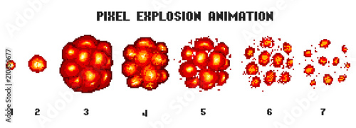 Pixel art explosions. game icons set. Comic boom flame effects for emotion. 8-Bit Vector. Bang burst explode flash nuclear bubble dynamite with smoke. Animation frame. Process steps, Video fire.