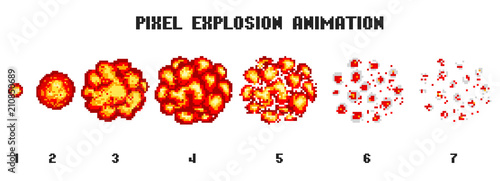 Pixel art explosions. game icons set. Comic boom flame effects for emotion. 8-Bit Vector. Bang burst explode flash nuclear bubble dynamite with smoke. Animation frame. Process steps, Video fire.