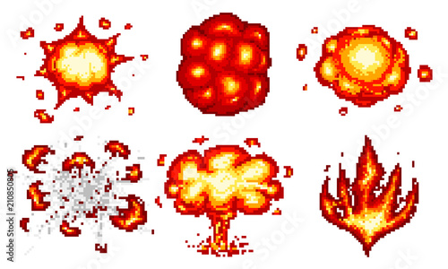 Pixel art explosions. game icons set. Comic boom flame effects for emotion. 8-Bit Vector. Bang burst explode flash nuclear bubble dynamite with smoke. Animation frame. Process steps, Video fire.