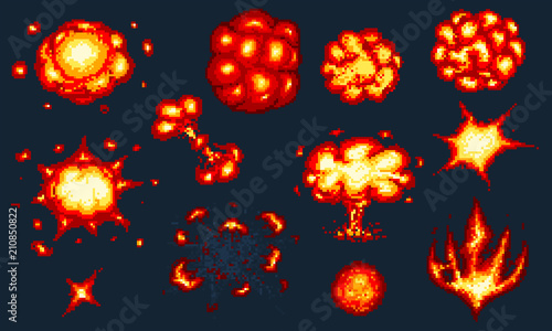 Pixel art explosions. game icons set. Comic boom flame effects for emotion. 8-Bit Vector. Bang burst explode flash nuclear bubble dynamite with smoke. Animation frame. Process steps, Video fire.