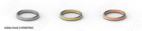 Silver, Gold, Copper rings isolated on white background. 3D rendering.