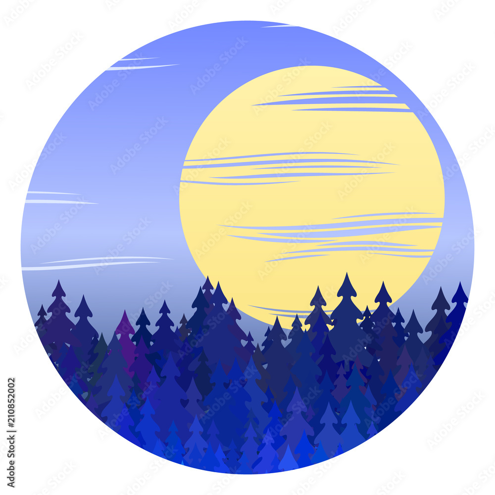 Obraz premium Winter forest night landscape vector circle illustration with full moon. Christmas background graphic design with pine fir tree vector forest, night winter scene with spruce firs wood, and moon in sky