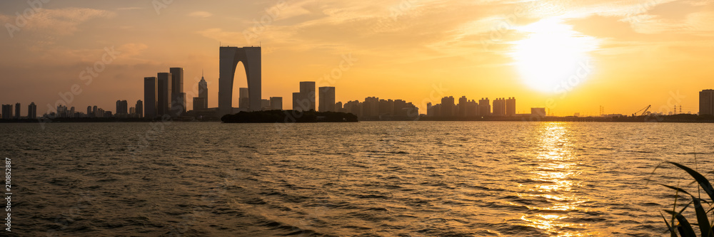The River Sunset at The Gate of the Orient in Suzhou, China The River Sunset at The Gate of the Orient in Suzhou, China