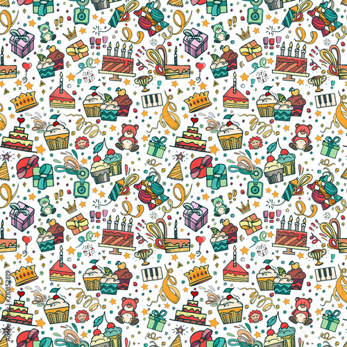 Birthaday background. Cartoon seamless pattern. Vector illustration. Cupcake, gifts, balloons cake and other items