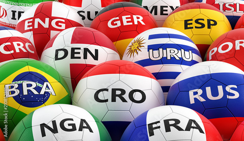 Soccer balls colored in different national flag colors - 3D rendering 