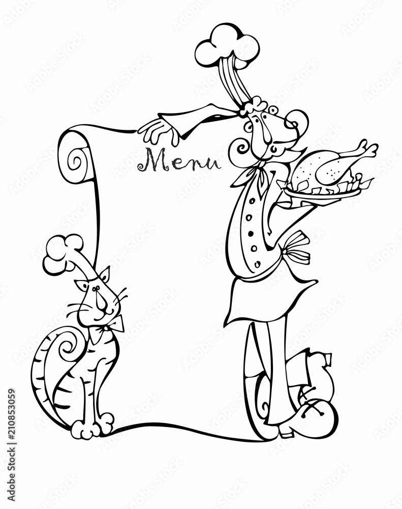 Fototapeta premium Cook. Chef. Menu. Cat. Menu for the cafe. Design concept. Cartoon. Coloring. Vector.