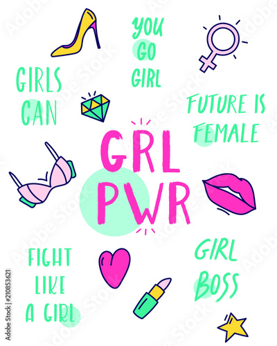 Colored GRL PWR (girl power) poster with different feminist symbols.