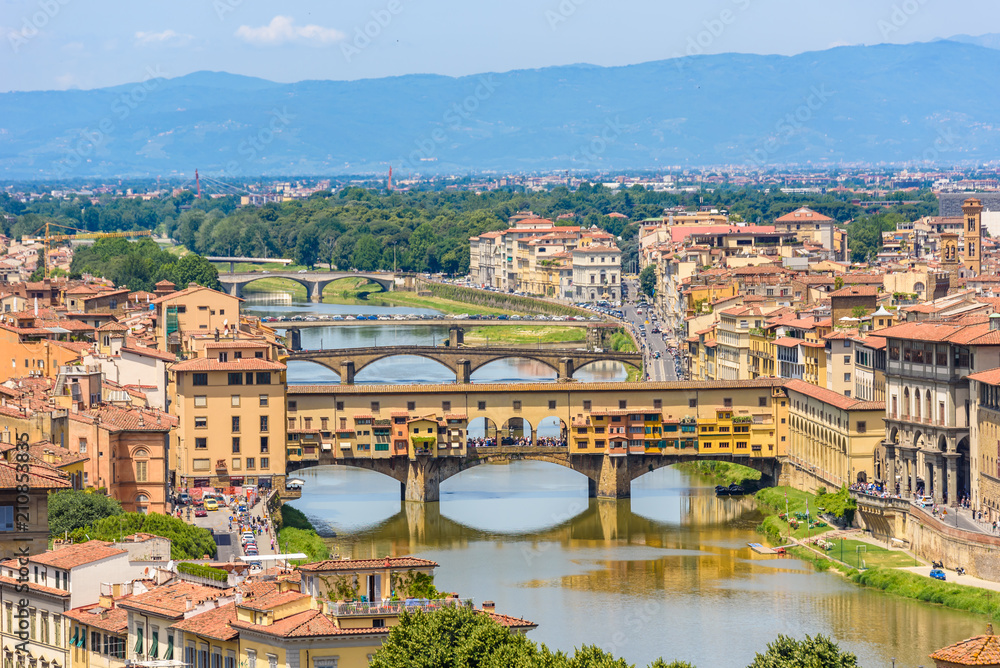 View of Florence from Piazzale Michelangelo - River Arno with Ponte Vecchio and Palazzo Vecchio - Tuscany, Italy