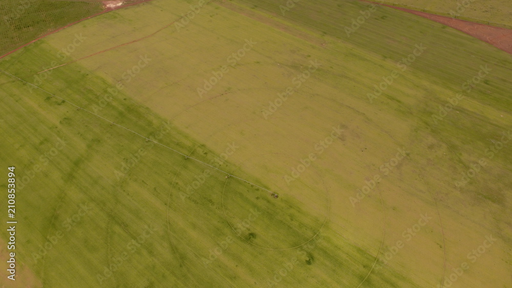 Agricultural irrigation system on sunny summer day. An aerial view of a center pivot sprinkler system.
