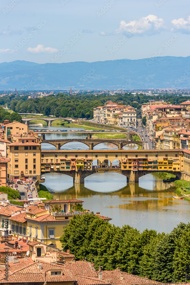 View of Florence from Piazzale Michelangelo - River Arno with Ponte Vecchio and Palazzo Vecchio - Tuscany, Italy