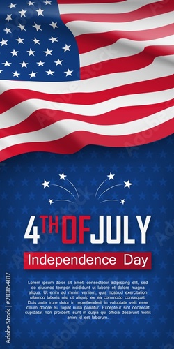 Fourth of July felicitation greeting card. Independence day celebration banner. USA country national event. Waving american flag on blue background. United States of America federal patriotic holiday