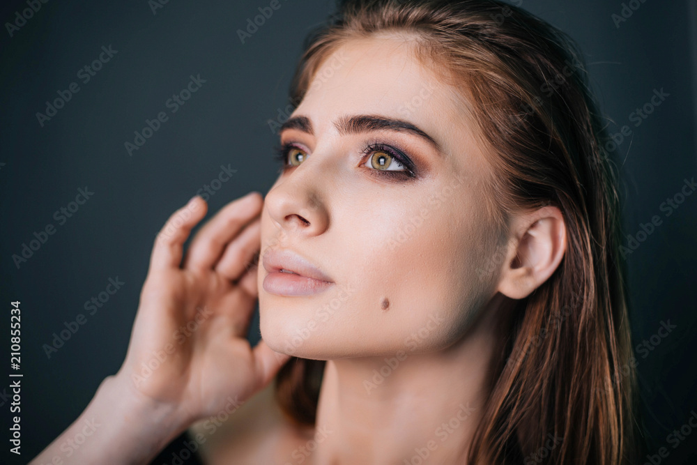 beauty portrait. Studio portrait of a beautiful girl on a gray background. Good make-up. Face close-up beauty portrait. Studio portrait of a beautiful girl on a gray background. Good make-up. Face close-up