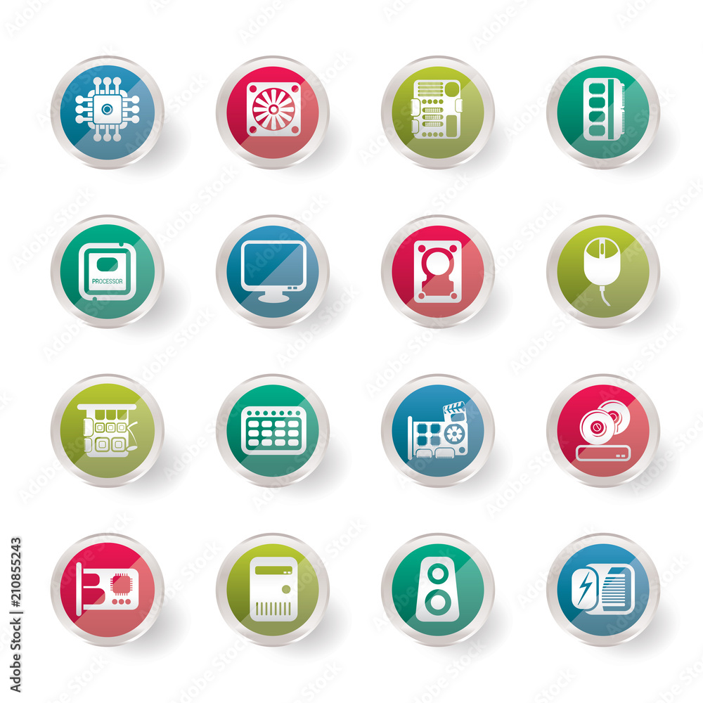 Computer  Performance and Equipment Icons over colored background  - Vector Icon Set